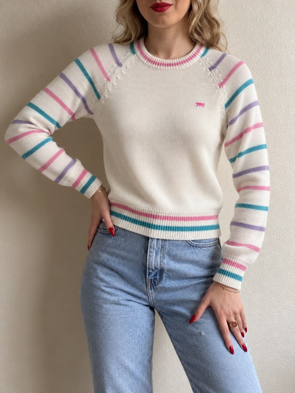 Vintage 1980 Brittania Pastel Knit Sweater Medium Acrylic Korea Cottage Coquette
